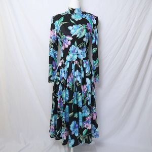 Vintage Black Floral Midi Dress
